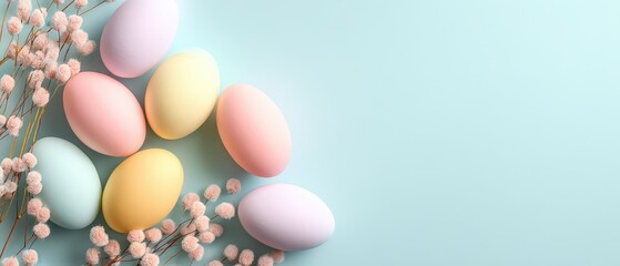 Easter spring background, pastel tones, minimal design, soft shadows, seasonal holiday concept, copy space Banner