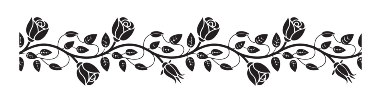 Romantic rose vine border with leaves and unopened buds, vintage floral design element
