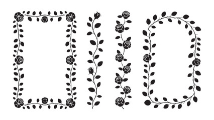 Decorative rose vine border set with vertical flower stems and leafy rectangular frames on white background © Lover