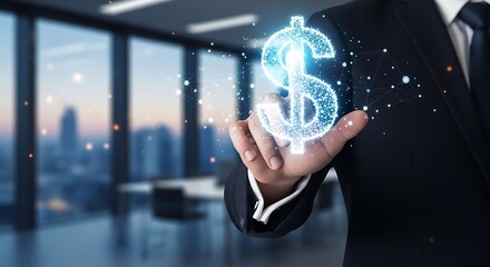 A businessman seemingly activates a glowing dollar sign hologram representing financial technology and modern investment strategies