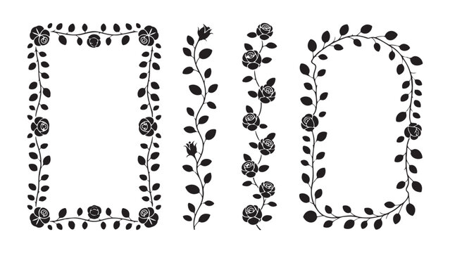 Decorative rose vine border set with vertical flower stems and leafy rectangular frames on white background