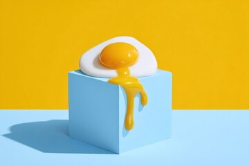 Bright yellow background features a blue cube topped with a fried egg, yolk oozing down the side, creating a vibrant and playful food composition for creative projects