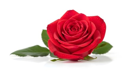 Fototapeta premium A single vibrant red rose with green leaves and water droplets against a clean white background, symbolizing love and romance