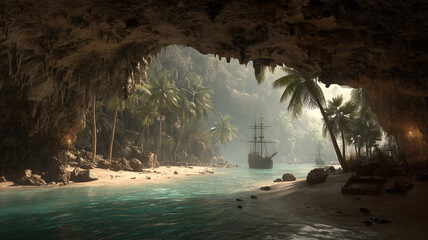 Fototapeta premium Pirates hideout cave on caribbean island
