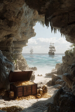 Pirates treasure hidden in cave on carabbean island
