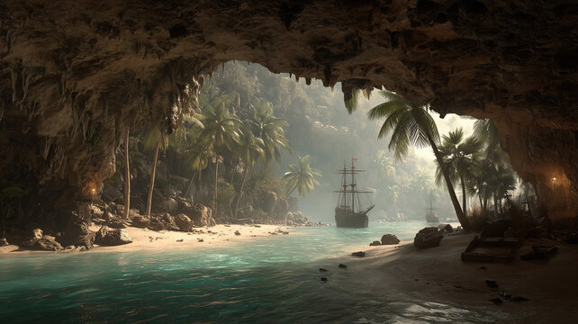 Pirates hideout cave on caribbean island