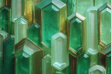 Textured green glass panels arranged in a geometric pattern create a modern decorative wall feature with varying shades and finishes enhancing visual interest and depth