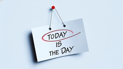 Motivational quote 'TODAY IS THE DAY' handwritten on a white paper note, pinned with a red thumbtack on a light blue wall.