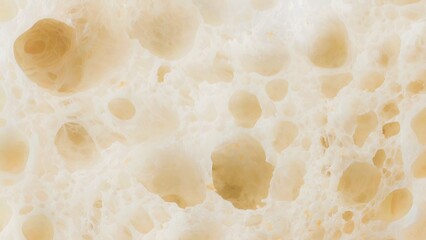 Close-up macro of airy bread crumb texture, showing soft porous structure with natural holes and light golden tones, conveying freshness, softness, and artisanal baking quality, bread background.