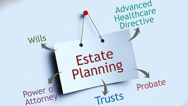 Estate Planning concepts including Wills, Power of Attorney, Trusts, and Advanced Healthcare Directive with arrows pointing from a central document on a light blue background.