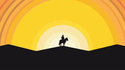 Cowboy on horseback silhouetted against vibrant sunset