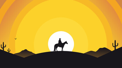 Naklejka premium Cowboy riding horse at sunset in desert landscape with cacti