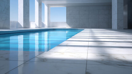 Obraz premium Realistic Commercial Depiction of a Serene Indoor Swimming Pool with Marble Tiles and Bright Blue Water Under Sunlight