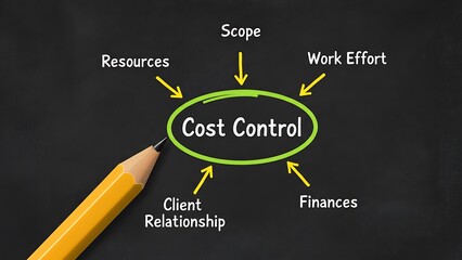 Business strategy chart showing Cost Control at center with arrows pointing to Resources, Scope, Work Effort, Finances and Client Relationship on a chalkboard background.