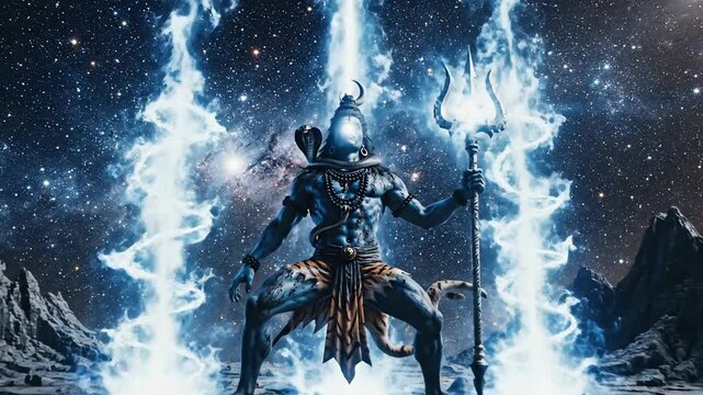 Powerful Lord Shiva Cosmic Appearance with Trident and Starry Sky