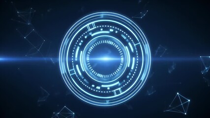 Abstract blue glowing futuristic digital interface with network connections and light flare on a dark background. - Powered by Adobe