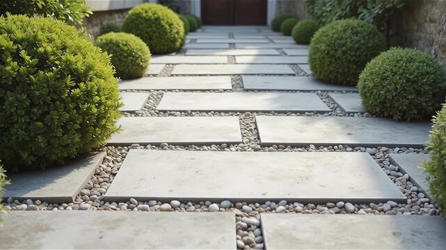 Modern geometric rectangular stone slabs path with white decorative pebbles
