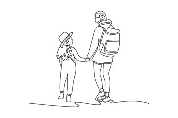 Obraz premium Traveler attractive young mother and pretty little daughter standing in grass. Journey There concept. Single line draw design. Vector graphic illustration