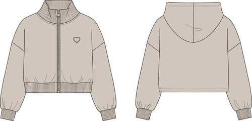 Beige Cropped Zip Up Jacket Fashion Flat Sketch Technical Drawing Template with Heart Embroidery Ribbed Funnel Neck and Hooded Back View Apparel Vector Mockup ©  FIROZ CONTRIBUTOR 