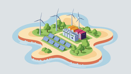Renewable Energy Island with Wind Turbines and Solar Panels.