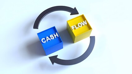 3D render of a blue cube labeled CASH and yellow cube labeled FLOW with circular arrows indicating cash flow and financial circulation concept