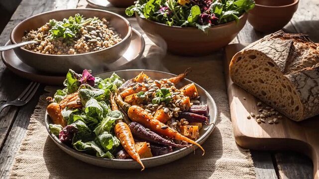 Rustic Still Life Featuring Roasted Vegetables, Fresh Salad, Whole Grain and Sourdough Bread