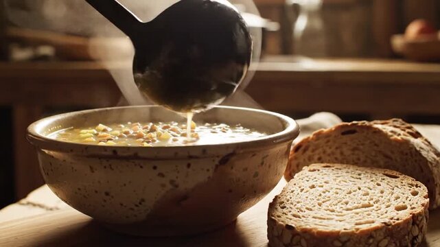 Rustic Still Life Warm Soup Presentation With Bread Slices Cooking And Serving Concept