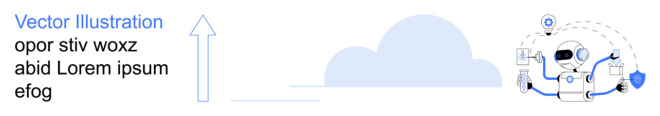 Artificial intelligence, tech innovation, cloud computing, robotics, automation, digital transformation. Robot interacting with tools and a cloud icon. AI and tech innovation concept