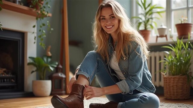 Happy young woman trying on leather boots near floor mirror
