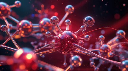 Abstract 3D illustration of molecular structures with glowing red and blue elements, showcasing interconnected atoms and particles in a dark background for scientific and educational use