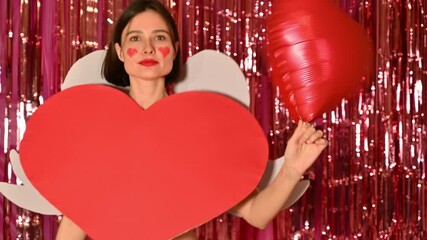 A joyful Cupid girl dances with an inflatable heart, expressing playful romance and positive Valentine’s Day energy.