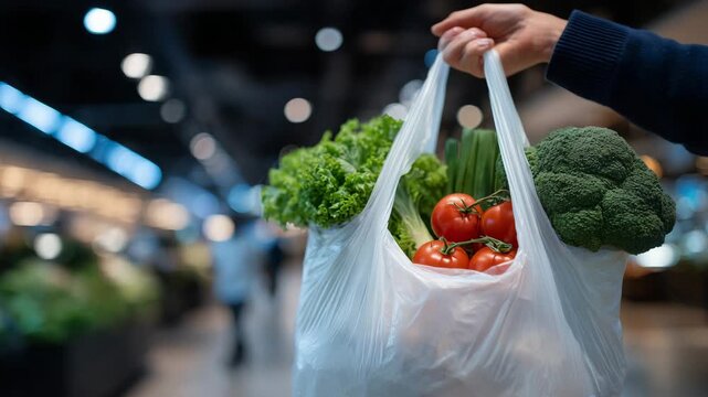 4Hands holding a slightly stretched plastic grocery bag containing fresh organic produce, earthy colors and natural textures emphasized, bright supermarket interior with minimal dis