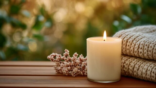6Close-up of a candle with neutral seasonal decoration around it, soft glowing light, blurred natural background, neutral seasonal aesthetic, calm ambiance, and versatile cozy conce