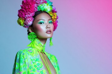 Asian female model with vibrant floral headpiece and neon green outfit poses against a colorful gradient background, showcasing bold makeup and fashion statement