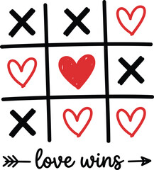 Tic Tac Toe Game with Hearts and X Symbols, Love Wins Hand Drawn Minimalist Valentine Illustration