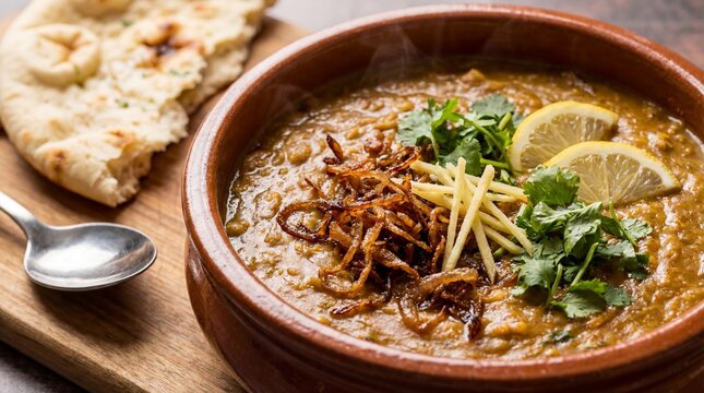 Delicious bowl of nihari with naan bread on a wooden board