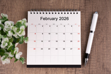 High angle view of February 2026 desk calendar