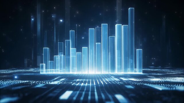Abstract digital bar graph representing data analysis and financial growth in a futuristic technological landscape.
