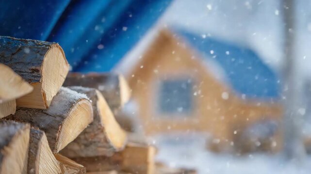 30Side view of a firewood pile under a snow-dusted tarp, visible ends of split logs showing rings and grain, rural backyard with wooden shed in distance, calm winter mood, sustainabl