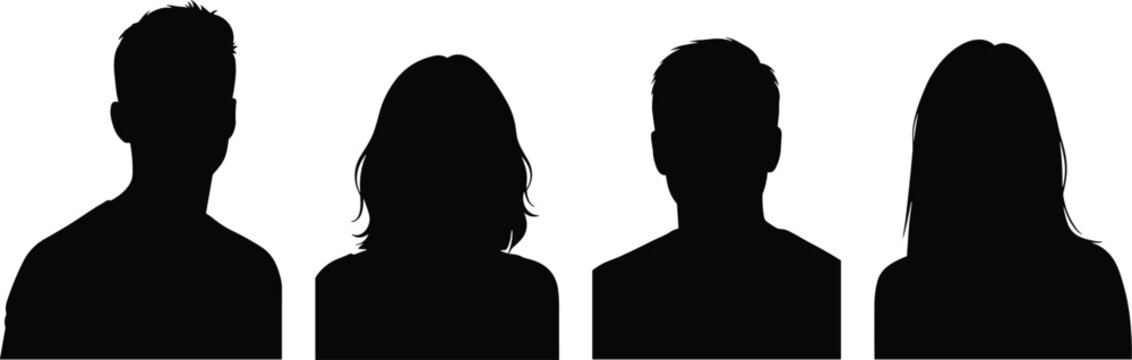 male female avatar silhouettes set, front view user profile heads, anonymous people icons, isolated black vector illustration