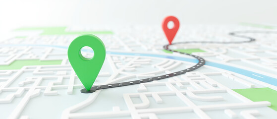 Map with location markers navigation route green and red pins urban layout city planning travel direction GPS technology road map digital mapping