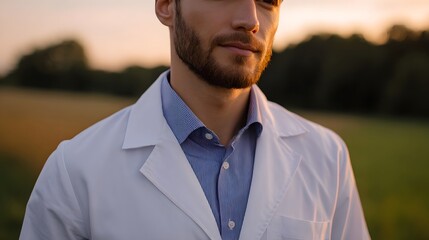 A professional man wearing a white lab coat stands in a field at golden hour embodying dedication and research