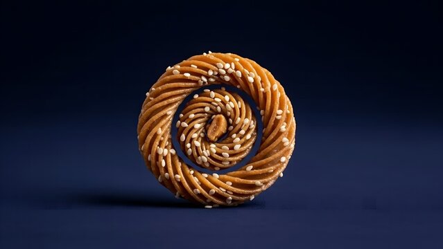Single Algerian chebakia pastry with sesame seeds against indigo background in studio lighting