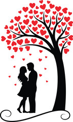 Romantic Silhouette of a Couple Embracing Under a Tree with Red Heart Leaves for Valentine's Day