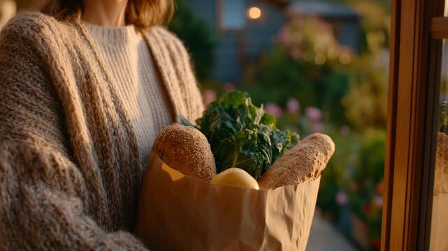 44Female hands holding out a grocery bag full of fresh produce and bread at a front door, sunlight illuminating textures of fruit and paper packaging, cozy home atmosphere, healthy e