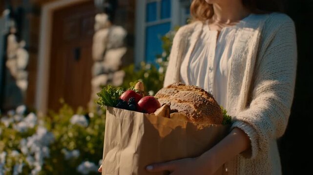 46Female hands presenting a grocery bag at a residential doorway, vibrant fruits and artisan bread inside, sunlight creating gentle highlights on skin and packaging, welcoming and nu