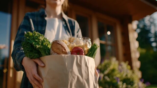 47Female hands presenting a grocery bag at a residential doorway, vibrant fruits and artisan bread inside, sunlight creating gentle highlights on skin and packaging, welcoming and nu