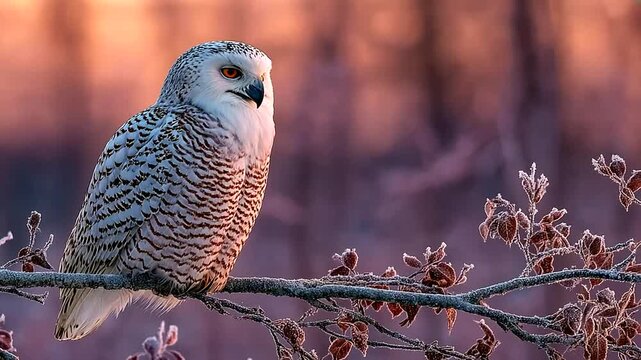 Winter Sunset with Snowy Owls Perched on Bare Branches Over Frosted Foliage