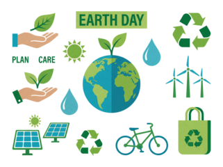 Earth Day planet care icons and symbols for environmental protection and sustainability isolated on a transparent background