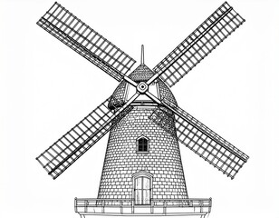   
Traditional Windmill Line Drawing with Stone Base and Lattice Blades